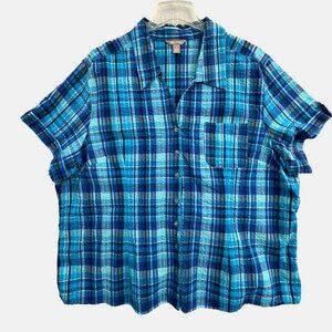 Vintage White Stag Seersucker Blouse Womens 4X Blue Plaid Button Up Short Sleeve